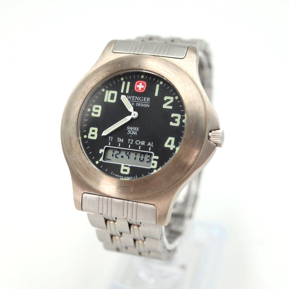 Vintage Wenger Silver Tone 40mm Ana Digi Watch Analog Digital Black New Battery